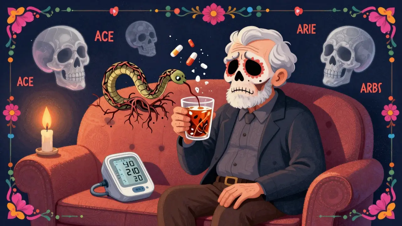 Elderly man drinking licorice tea that turns into a root serpent, blood pressure monitor spiking with crumbling drug skulls.