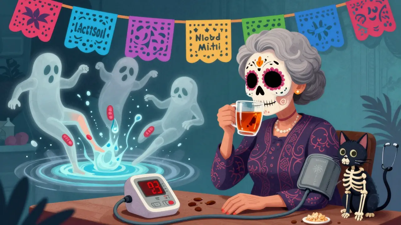 Elderly woman drinking licorice tea as ghostly hormones pull fluid from her legs, with red blood pressure reading above.