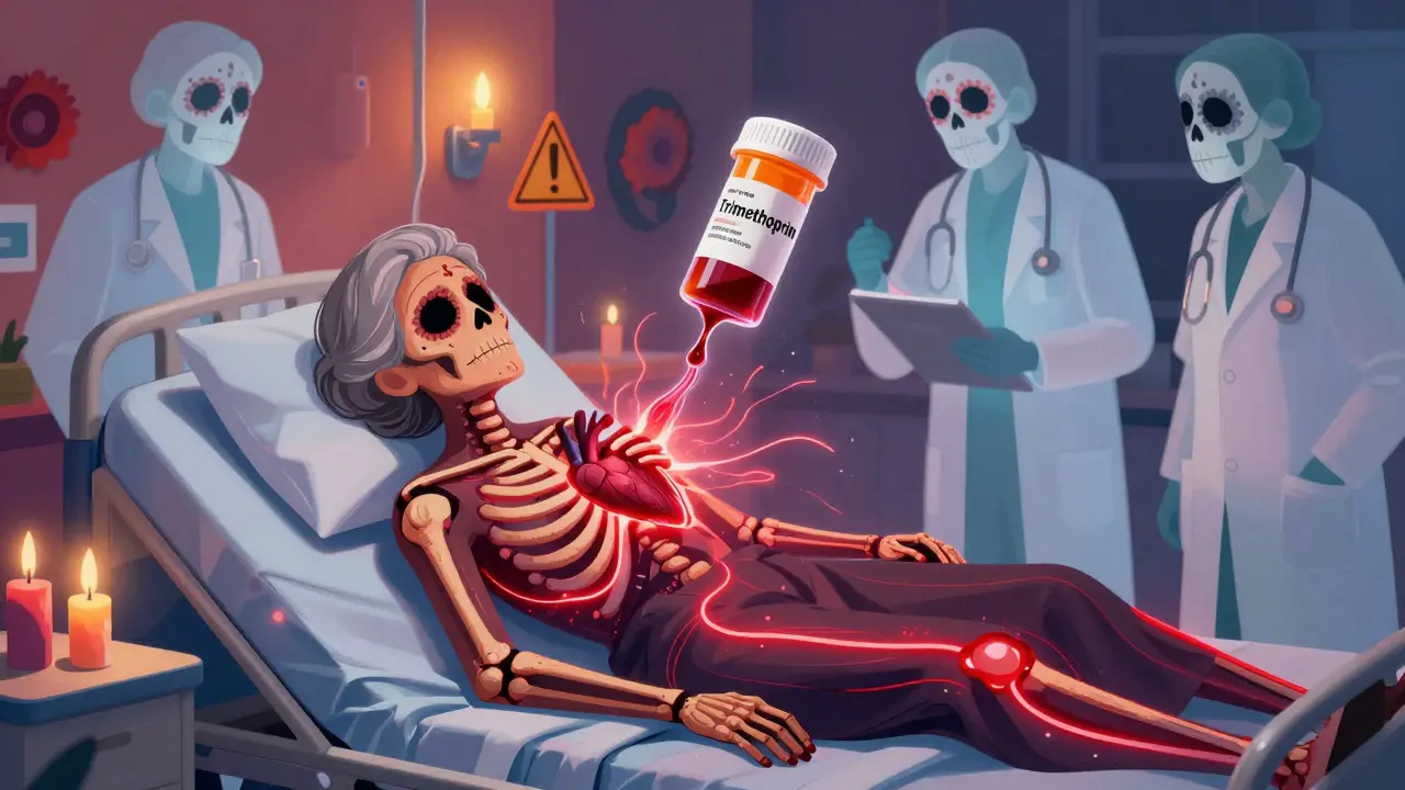 Elderly woman with potassium lines racing to her heart, prescription bottle dripping danger, Day of the Dead aesthetic.