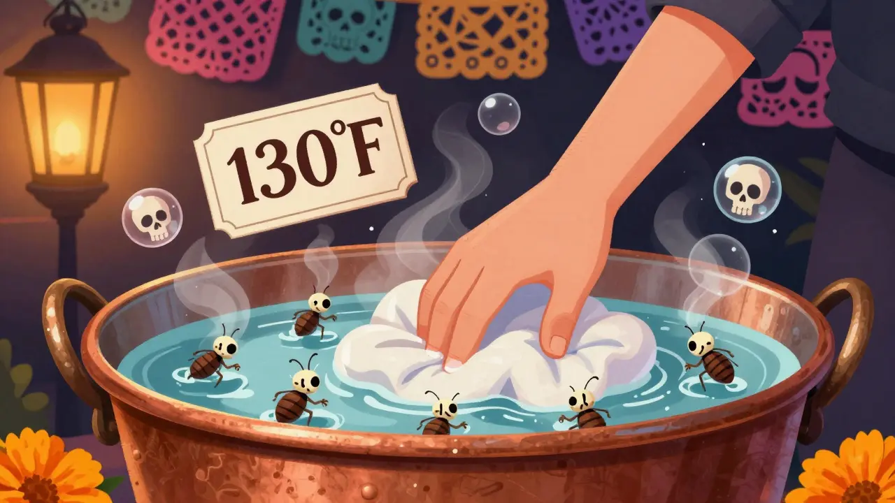 Hands washing bedding in boiling water as tiny dust mite skeletons dissolve, surrounded by skull-shaped soap bubbles and marigolds.