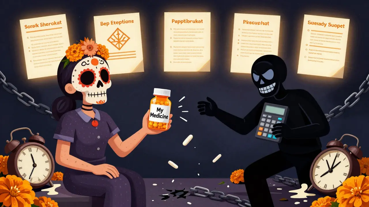 Patient holding their medicine as a calculator-faced figure tries to take it, with legal criteria glowing above.