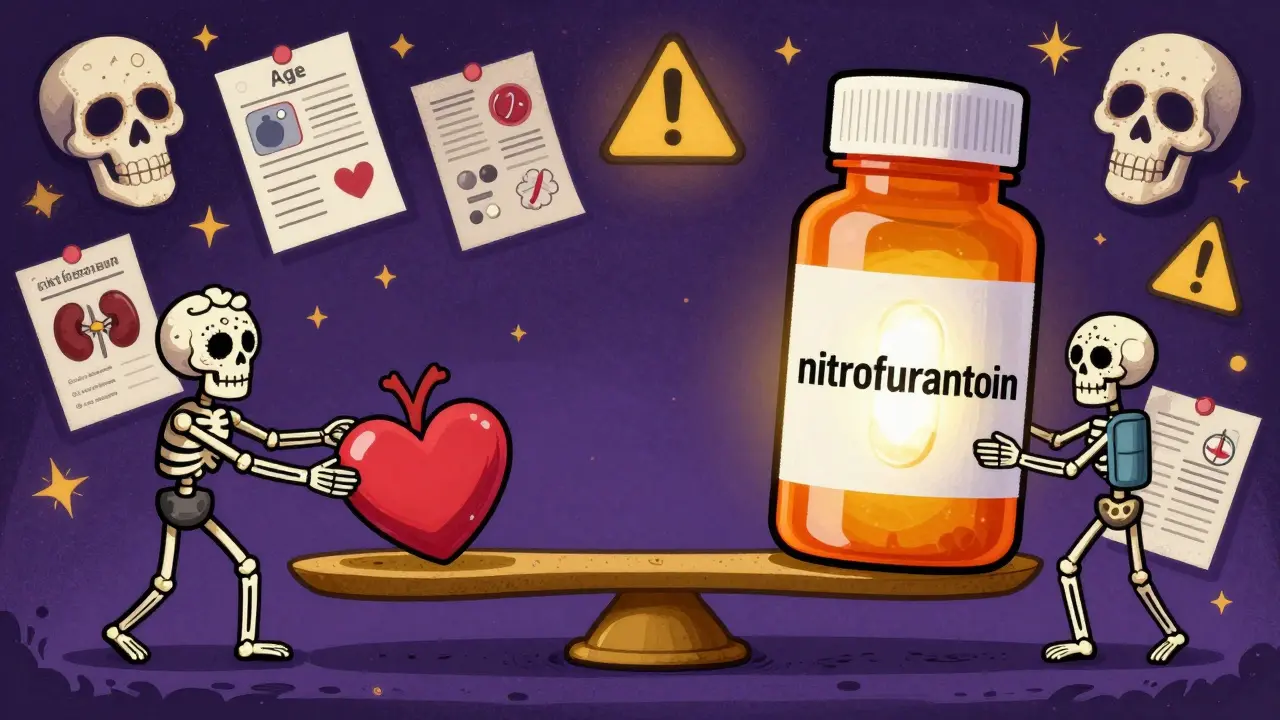 Scale balancing a pill against a heart, with risk factors pulling it down, alternative antibiotic glowing safely.