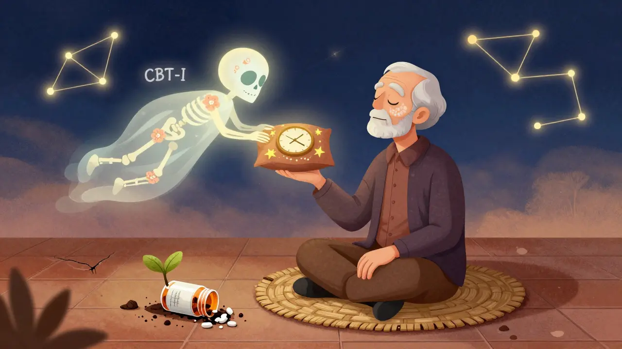 Senior meditating peacefully as calming spirits of non-drug sleep therapies float above, with a broken pill bottle at their feet.