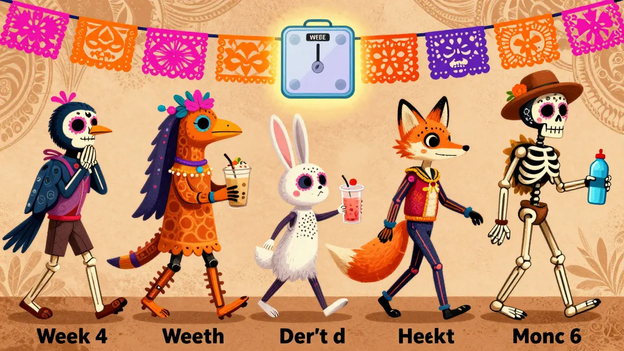 Skeletal figures progressing through a 6-month GLP-1 journey, each stage represented by alebrije creatures with healthy foods, leading to a glowing scale showing weight loss.