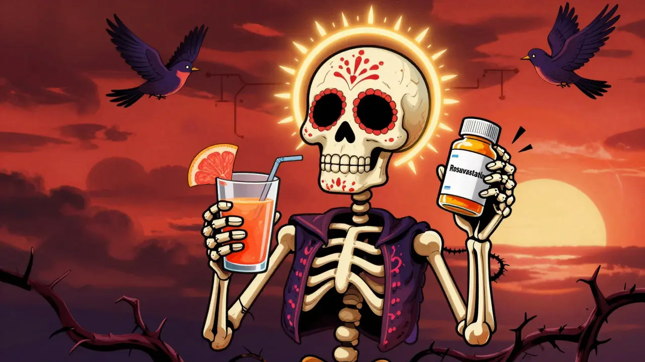 Skeleton drinking grapefruit juice with rosuvastatin pill, golden light around safe medication.