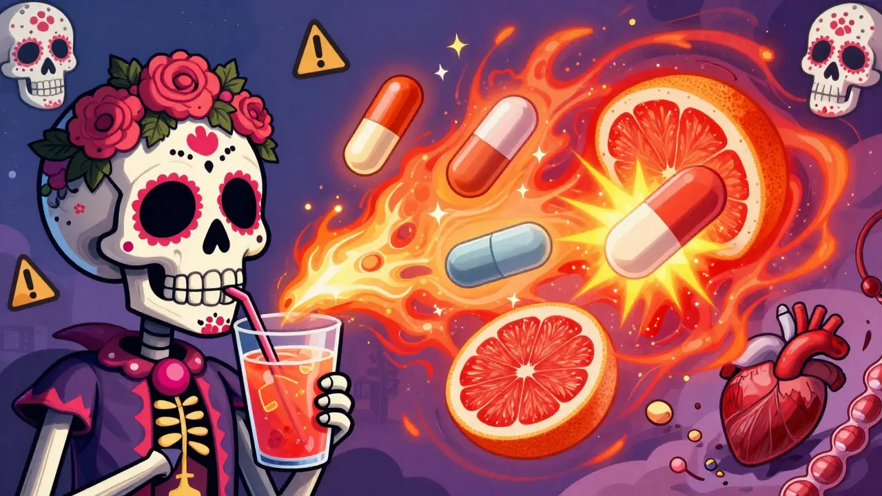 Skull drinking grapefruit juice that causes pills to react differently, one exploding, one dimming.