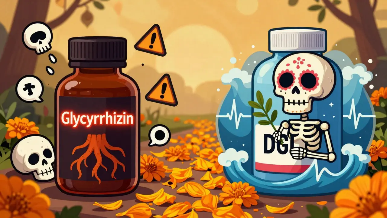 Split image: dangerous licorice supplement vs safe DGL label, with potassium icons falling and a steady heartbeat path.