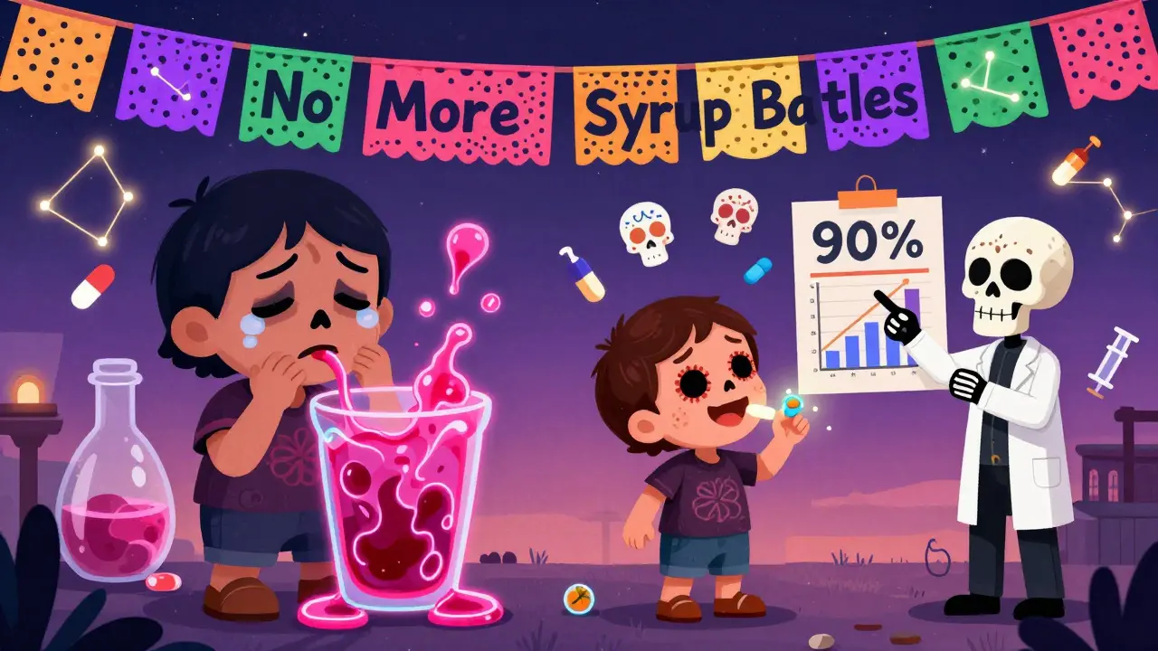 Split scene: child rejecting bitter syrup on one side, happily taking a tablet on the other, with sugar skull graphs and papel picado banners.
