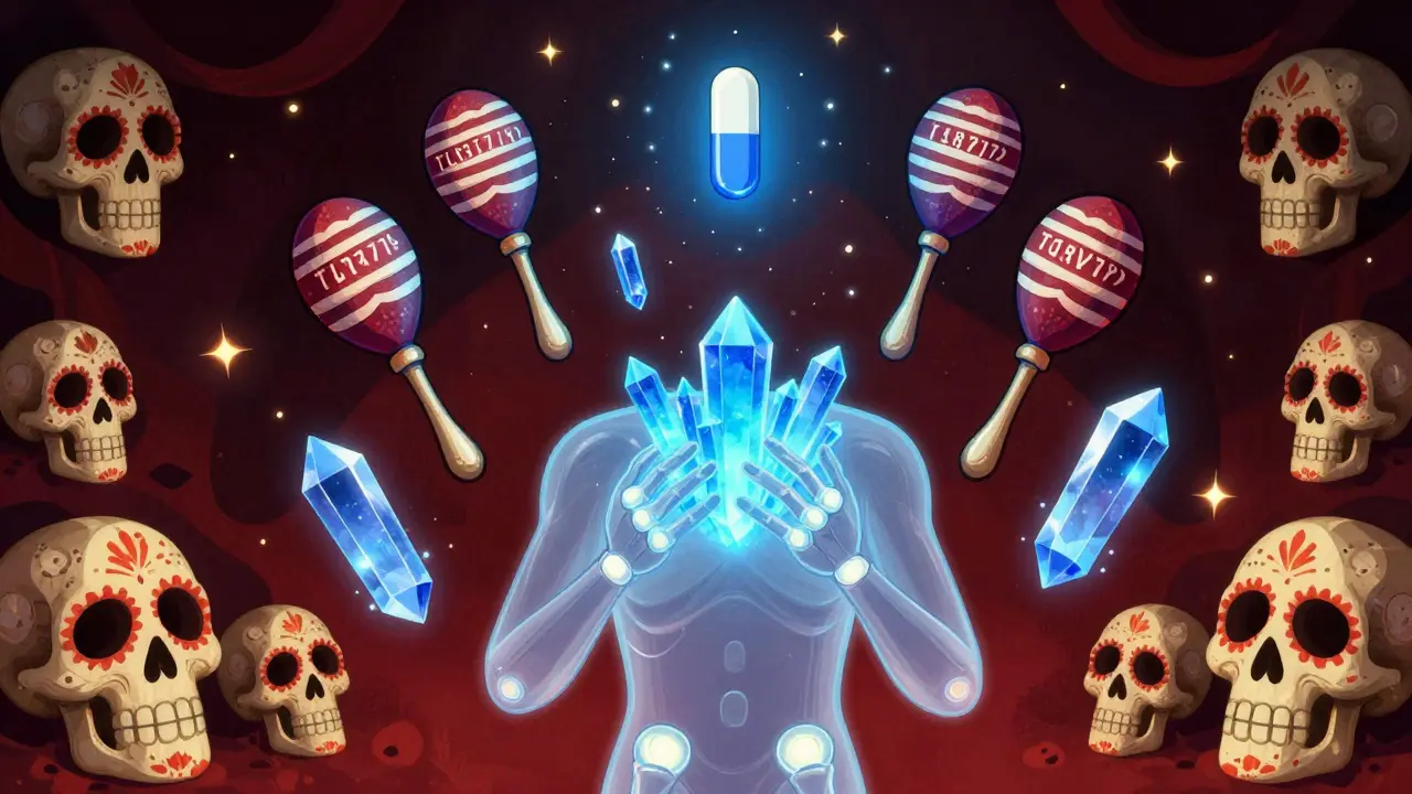 Translucent figure with glowing joints as skeletal receptors are silenced by blue crystals, representing immune system calming.