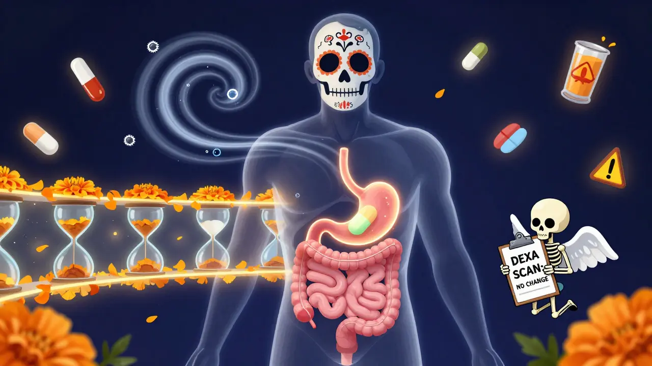 Transparent human torso with separated pills and a glowing two-hour barrier of marigolds, skeletal hourglasses, and warning symbols.
