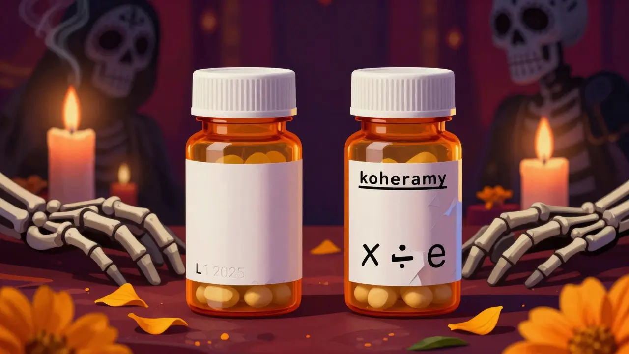Two pill bottles side by side: one authentic with clear labeling, one counterfeit with messy print, surrounded by marigolds and candlelight.