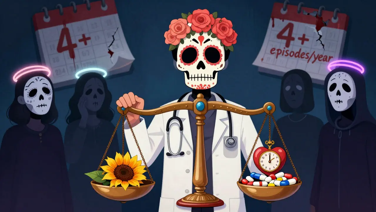 A doctor balancing medications for depression types, with ghostly patients and a broken calendar in the background.