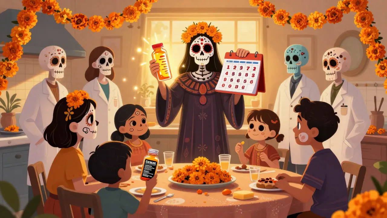 A family discusses a medication warning as an ancestral spirit emerges holding a gene sequence and monitoring calendar, in vibrant Day of the Dead style.