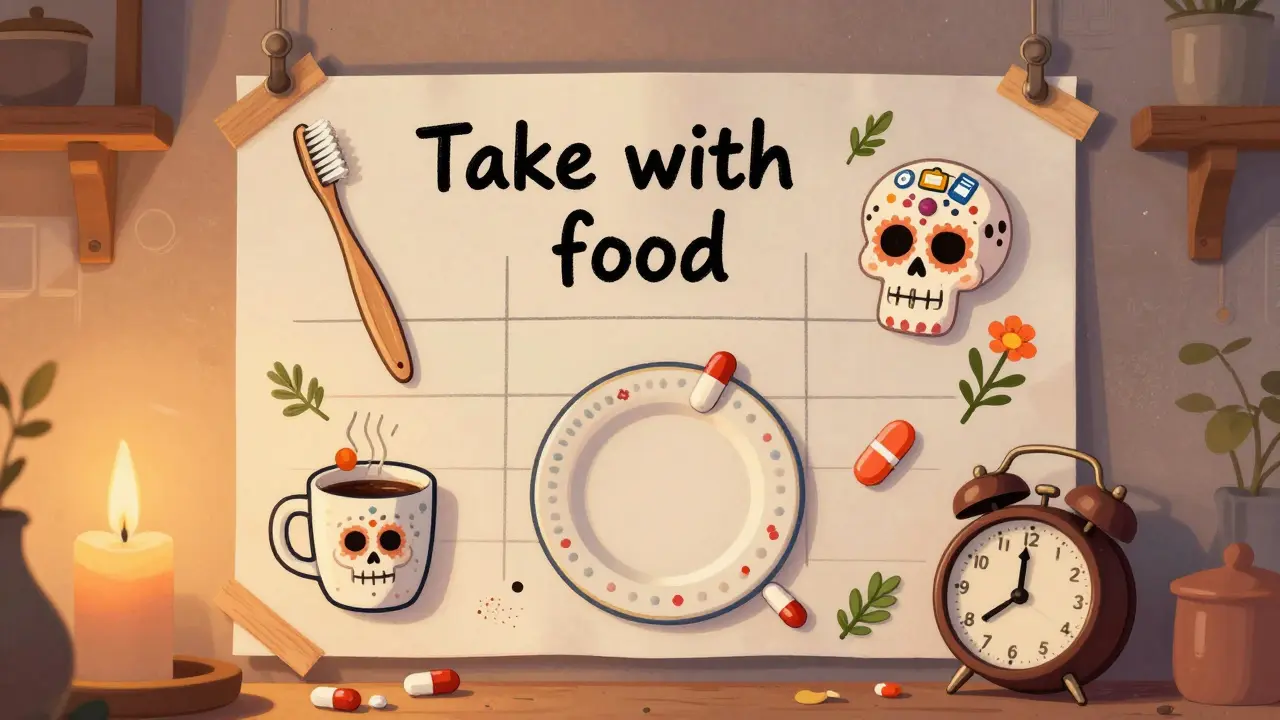 A kitchen wall chart with pills attached to daily items like coffee and toothbrush, decorated with tiny skull icons in vibrant Day of the Dead art style.