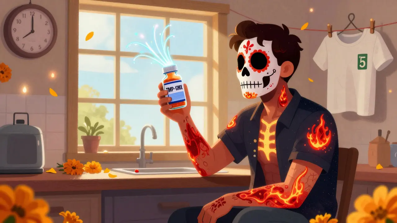 A man near a sunny window develops a fiery rash shaped like calaveras, while UVA rays penetrate the glass and a pill bottle glows.