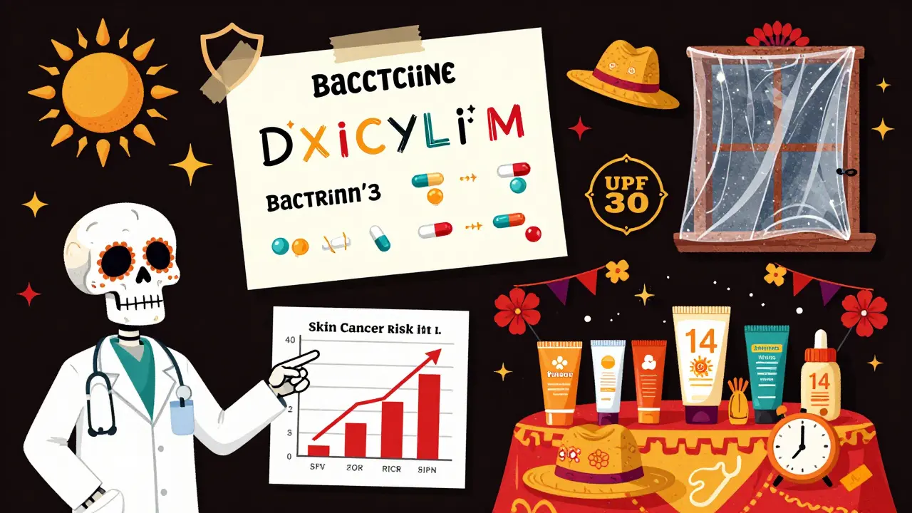 A medical handout floats with protective symbols and an ofrenda honoring sun safety, featuring doxycycline, Bactrim, and a clock showing 14 days.