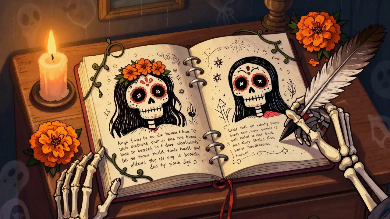 A notebook shows two versions of a nightmare—dark and rewritten—with marigolds and sugar skulls illuminating the transformation.