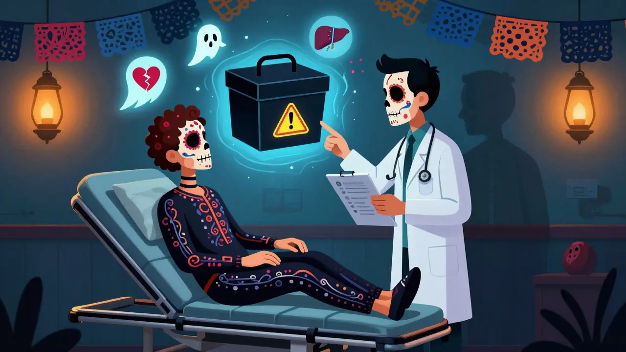 A patient and doctor face a spectral black box warning with floating health risk icons, rendered in Day of the Dead folk art style.