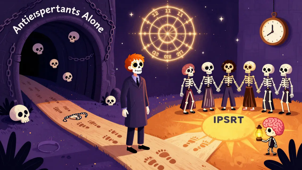 A patient at a crossroads, one path leading to darkness, the other to rhythm and community under a glowing gene map.