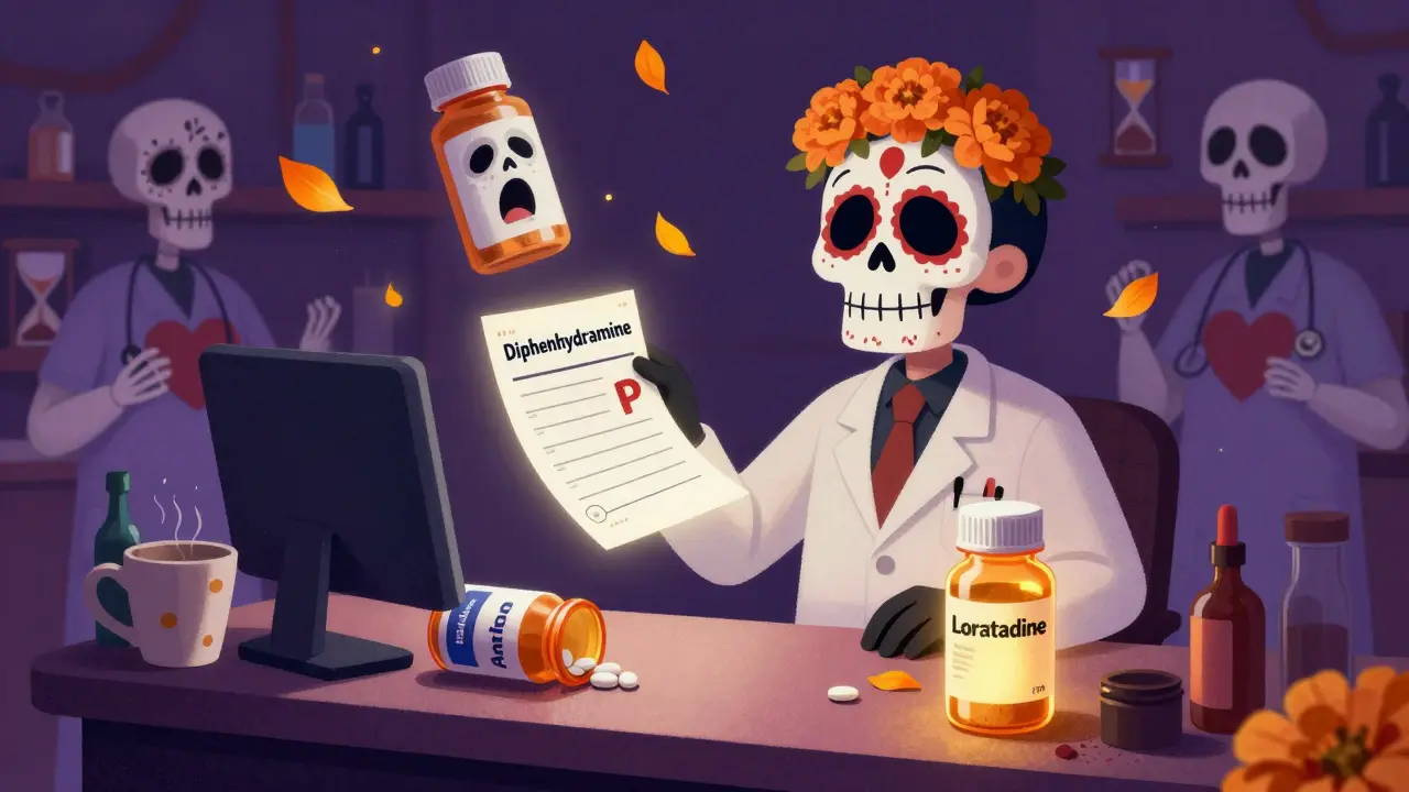 A pharmacist surrounded by ghostly pill bottles, one labeled 'Diphenhydramine' with a skull, beside a glowing 'Loratadine' bottle.