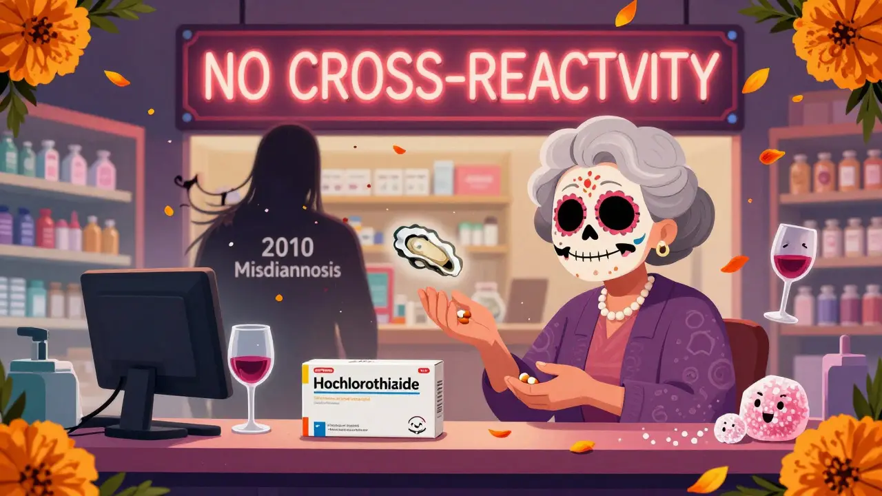 An elderly woman receives her blood pressure medication as symbols of safe foods and salts float around her, with fading misdiagnosis shadows in a vibrant Day of the Dead pharmacy scene.