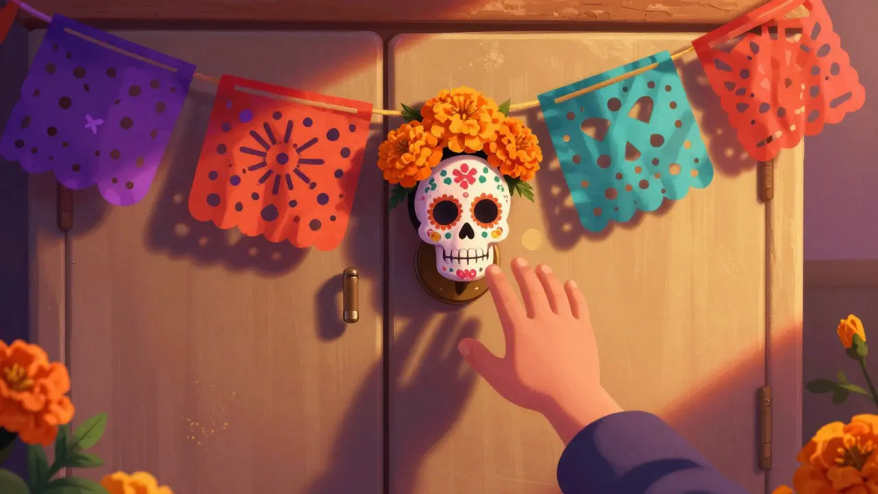 Child reaching for locked medication cabinet with skull lock and marigolds.