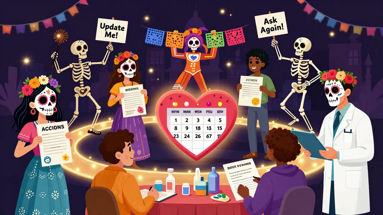 Diverse people holding personalized medication plans as colorful banners, with dancing skeletons and a pharmacist listening at a community health fair.