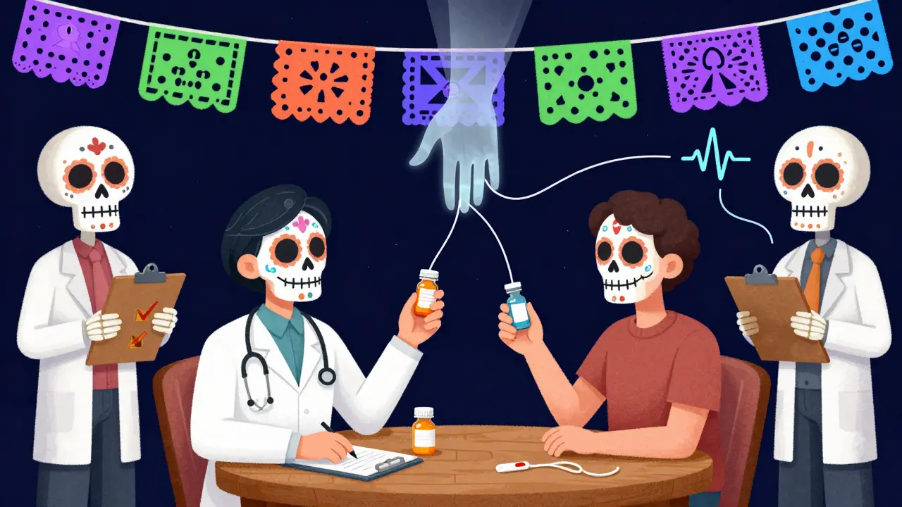 Doctor and patient at a table with birth control and seizure meds, connected by ghostly threads showing interactions, under papel picado banners.