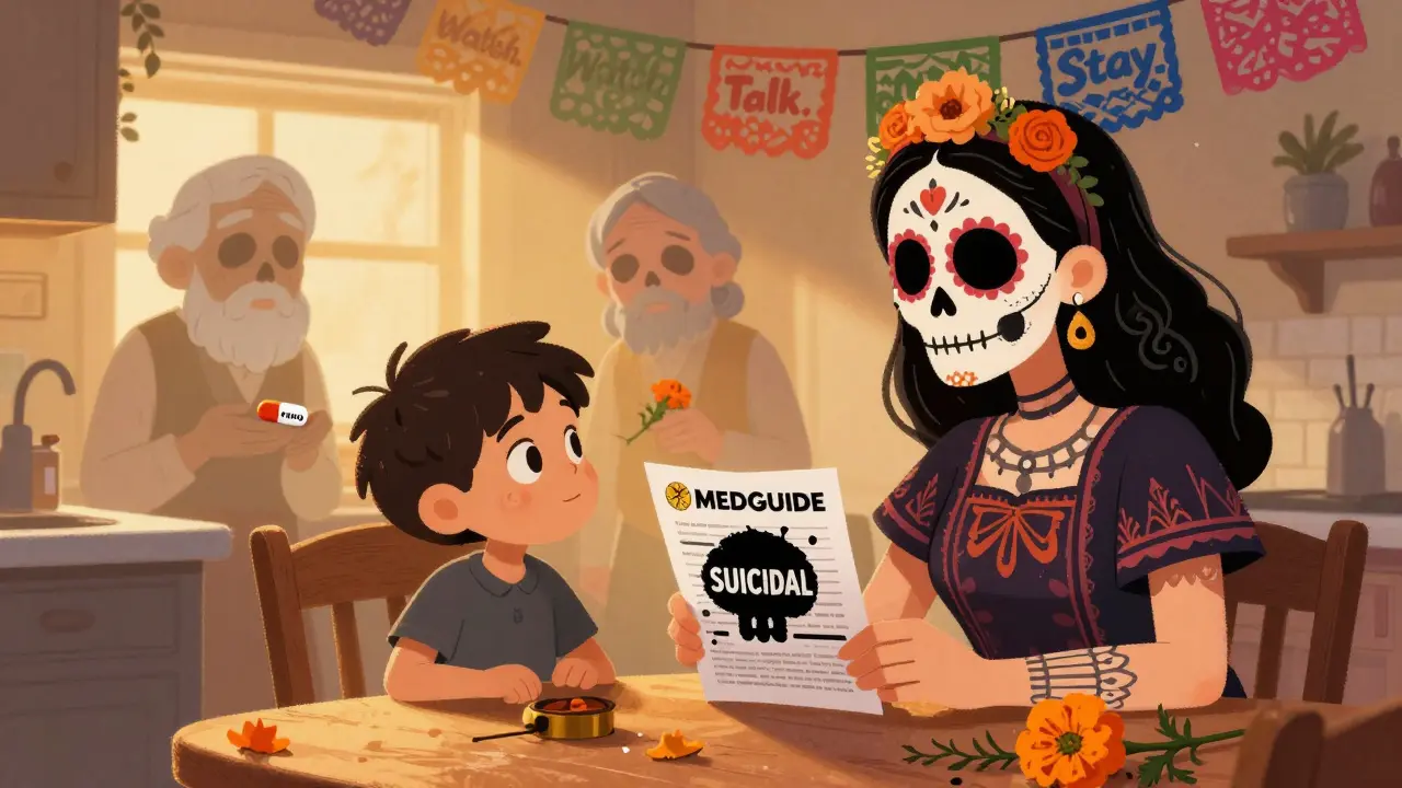Mother and son at kitchen table with MedGuide, ancestors watching as marigolds and skulls symbolize risk and care.