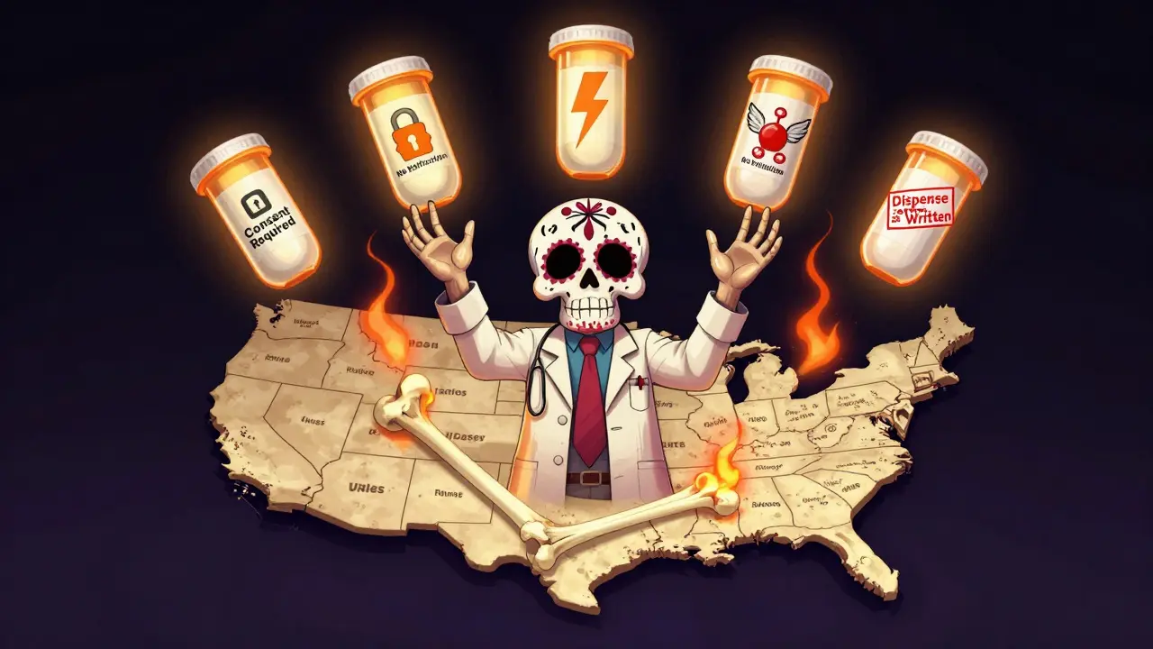 Pharmacist juggling seven prescription tablets labeled with U.S. states, each emitting symbols for substitution rules, floating above a bone map of the U.S.