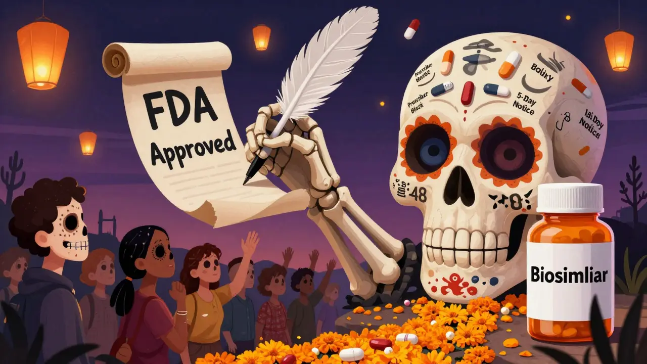 Skeletal hand writing 'FDA Approved' as patients reach for a biosimilar pill bottle, 48 state rules carved into a skull, marigold petals leading to them under twilight sky.