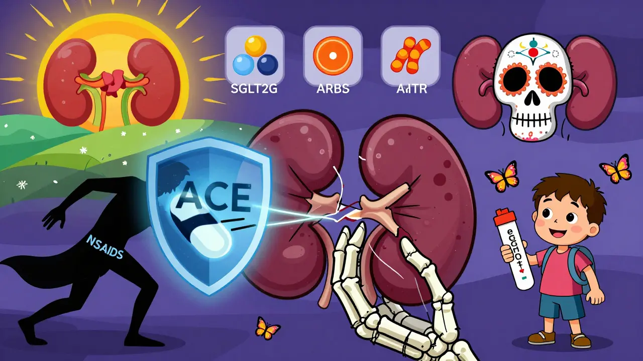 Skeletal hands repair a kidney with light threads as NSAIDs are pushed away, in Day of the Dead style.