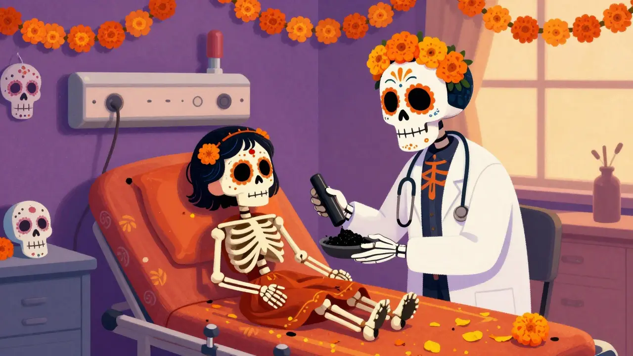 Skeleton doctor administering activated charcoal to child in hospital setting.