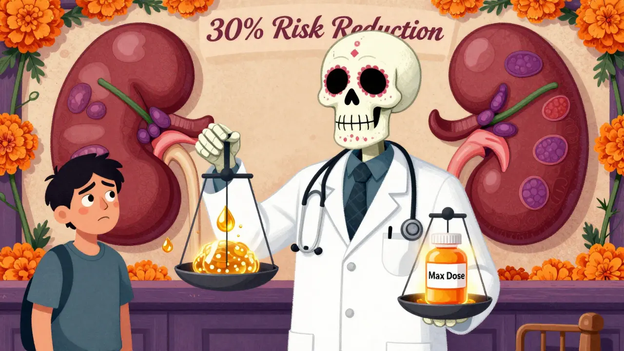 Skeleton doctor balances urine protein against a 'Max Dose' pill, with healing vines in background.