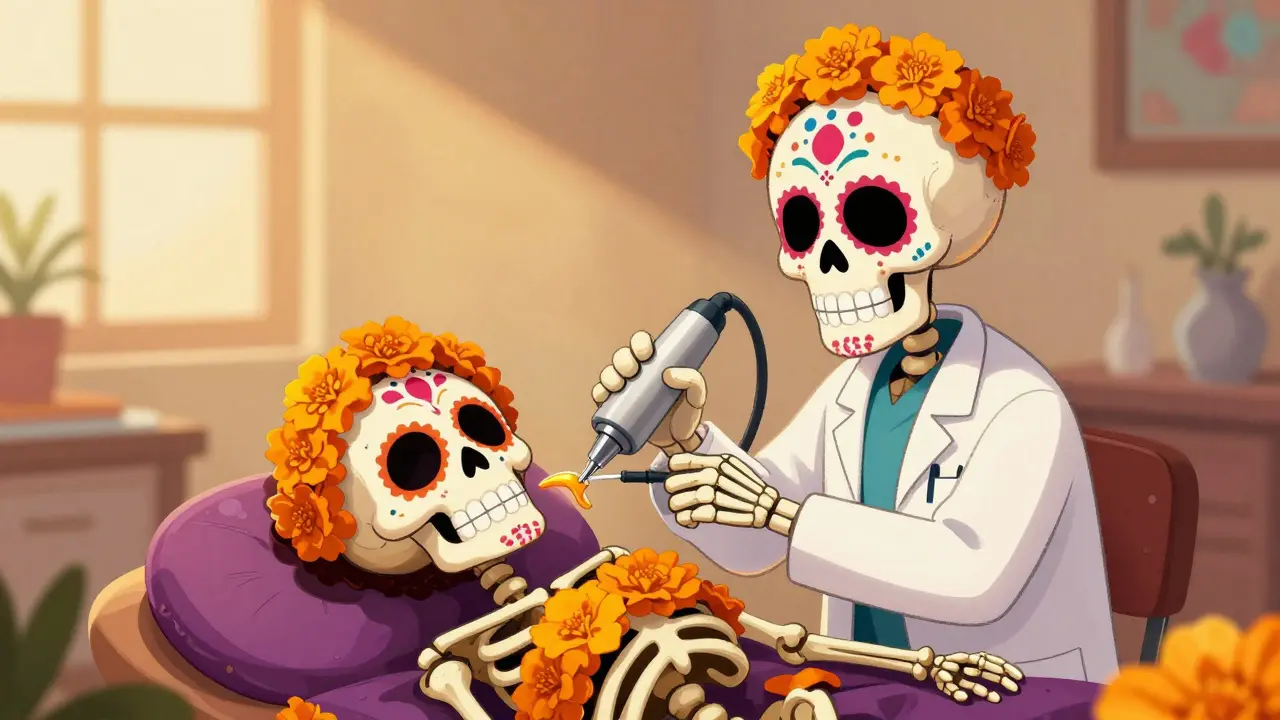 Skeleton doctor performing microsuction earwax removal