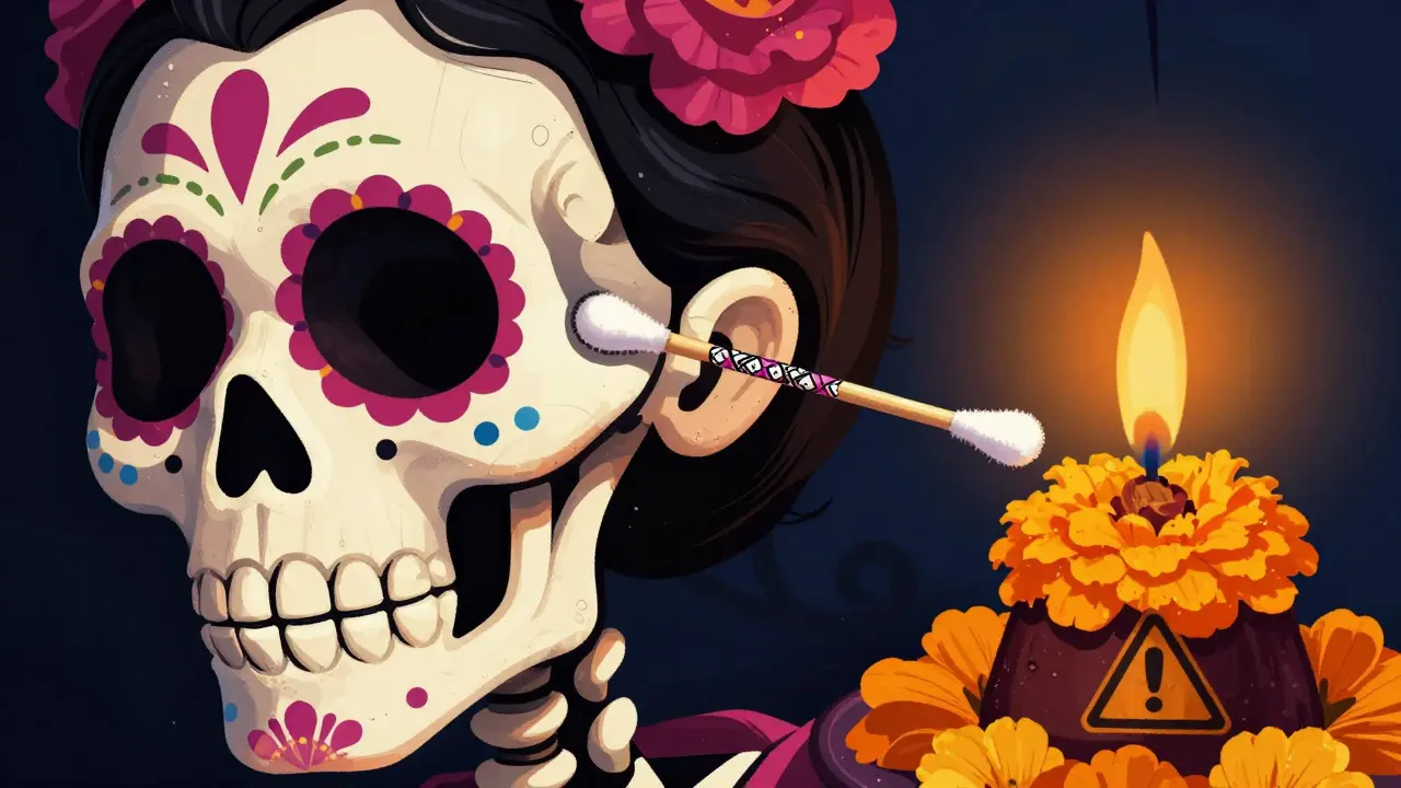 Skeleton inserting cotton swab, pushing earwax deeper, ear candle