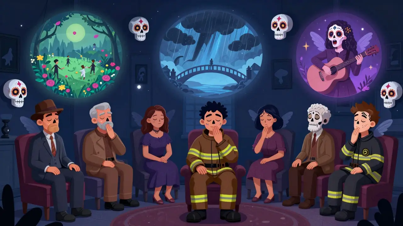 Three individuals practice dream rehearsal at night, their rewritten dreams shimmering above them with Day of the Dead symbolism.