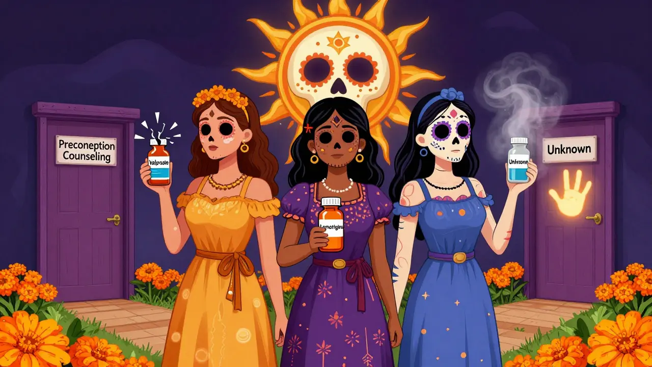 Three women holding different medication bottles under a skull sun, with flowers leading to a door marked 'Preconception Counseling'.
