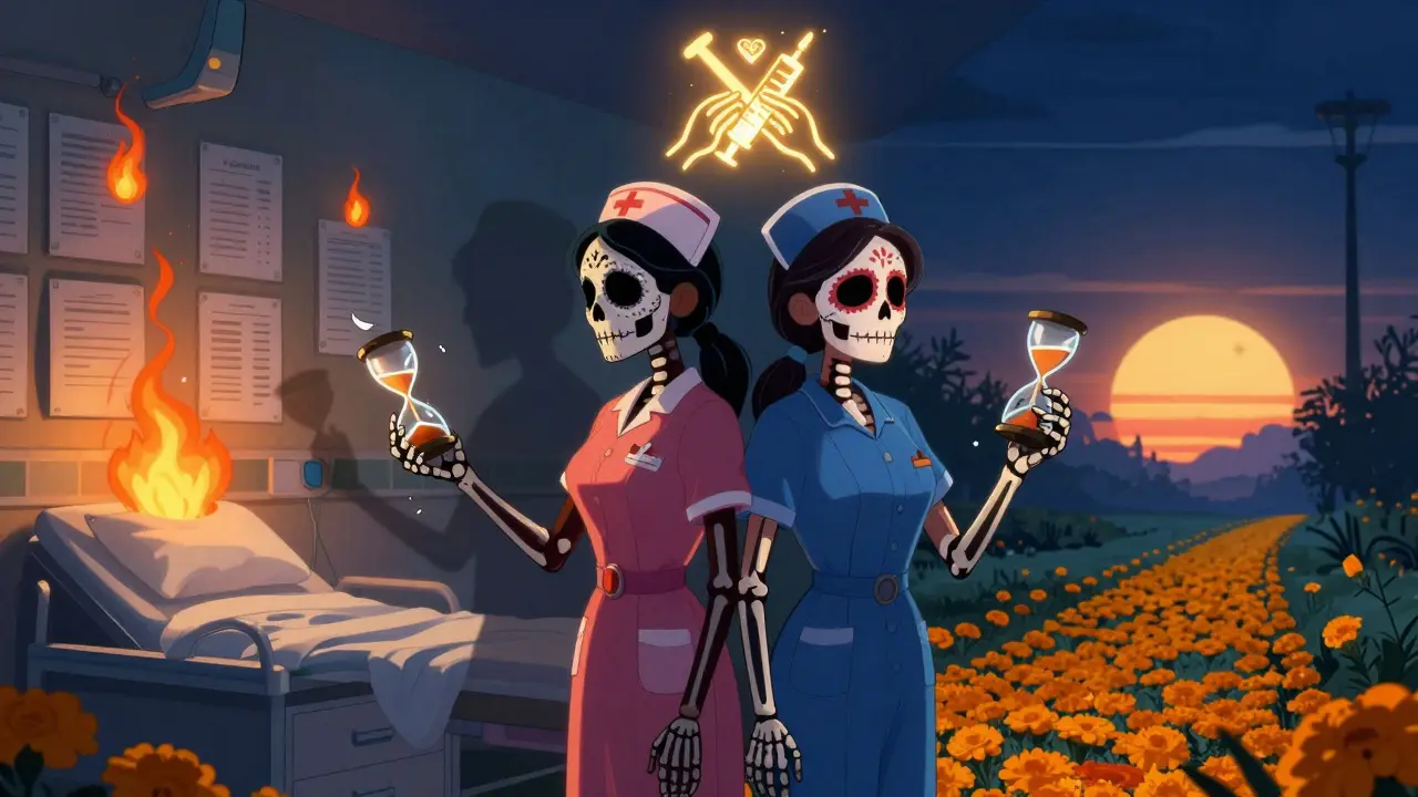 Two nurses at shift change, their shadows merging into a skeleton holding a broken hourglass, with burning charts and a glowing check symbol above.