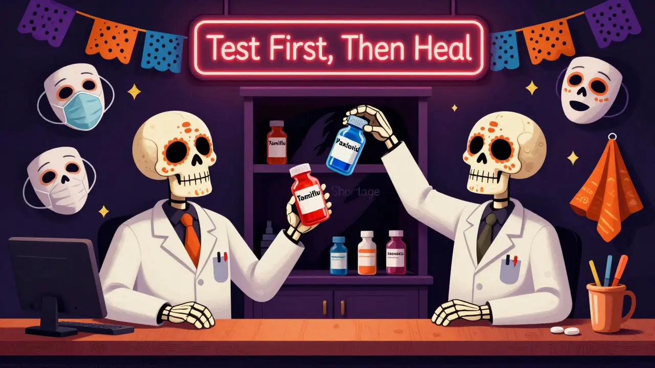 Two skeletal pharmacists offering Tamiflu and Paxlovid, with floating masks and a 'Test First, Then Heal' neon sign.