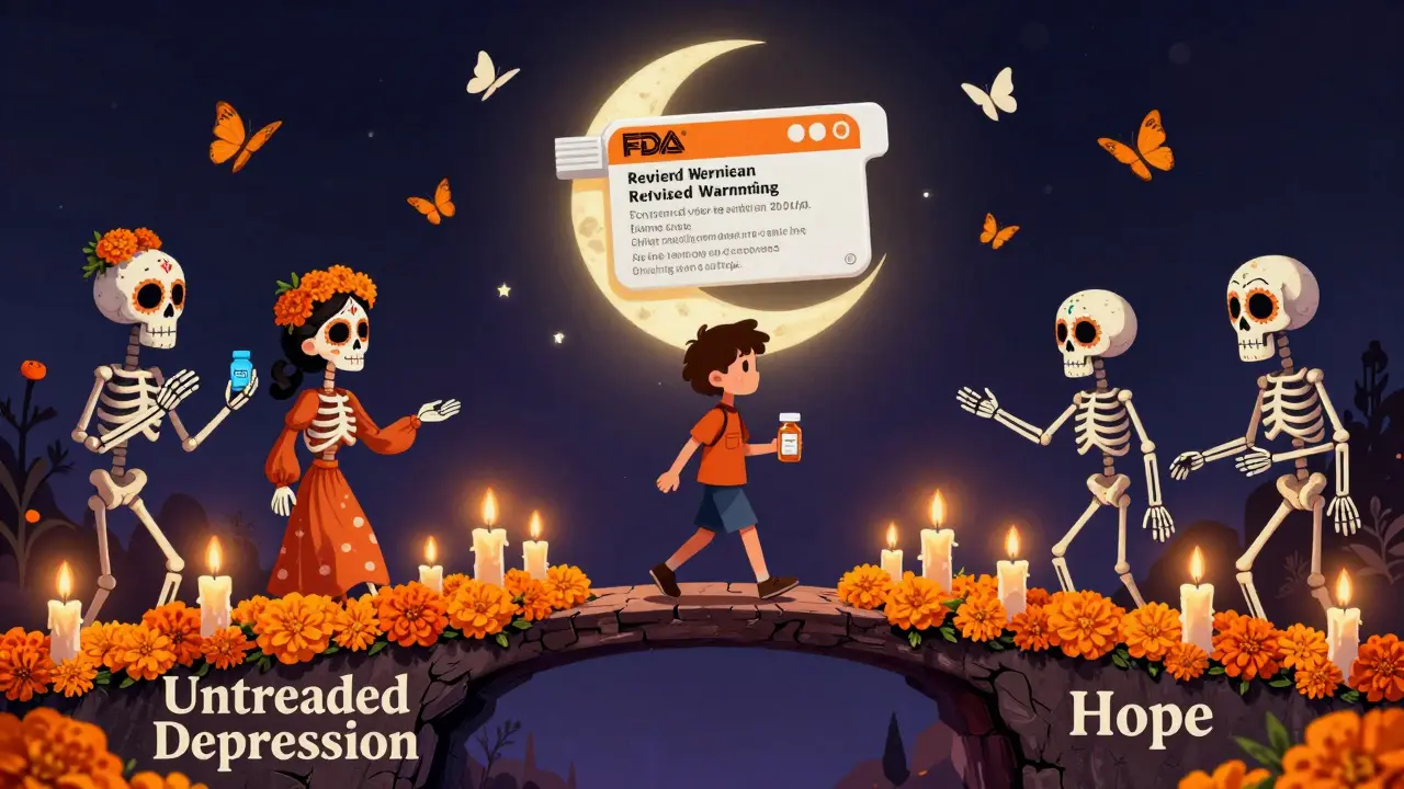 Young person crossing a candlelit marigold bridge from depression to hope, guided by skeletal figures holding different antidepressants.