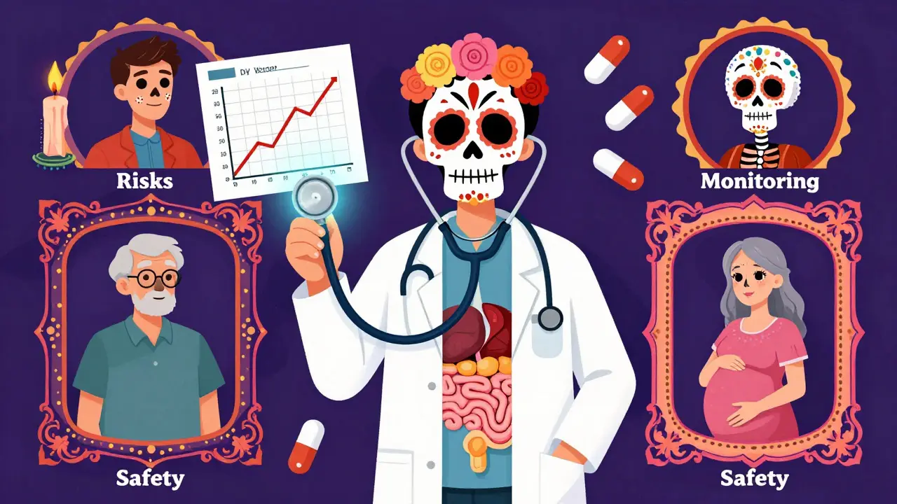 A doctor uses a glowing stethoscope to reveal internal health metrics, while three patient archetypes appear in Day of the Dead frames.