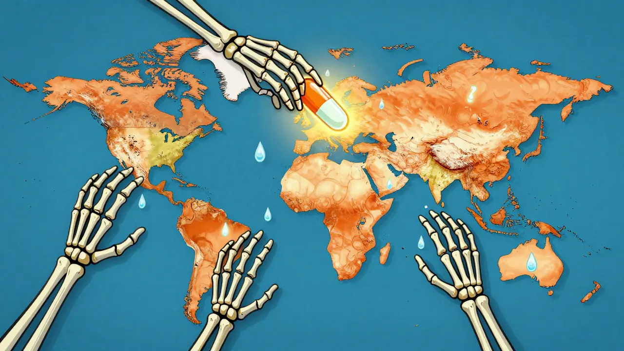 A map of skeletal hands reaching for one pill, with some hands empty, symbolizing global treatment inequity.