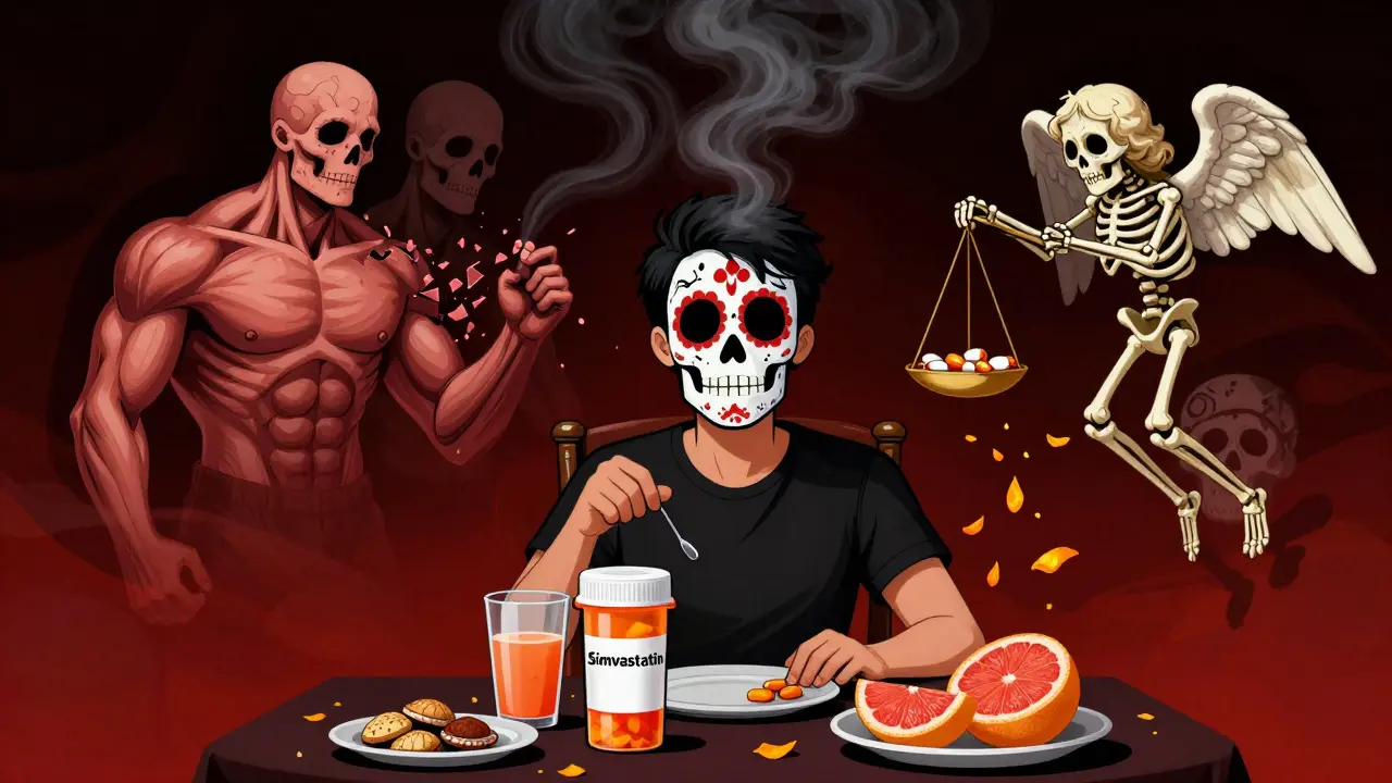 A person at breakfast with grapefruit juice and simvastatin pills, while spectral muscle fibers crumble above them in a Day of the Dead style.