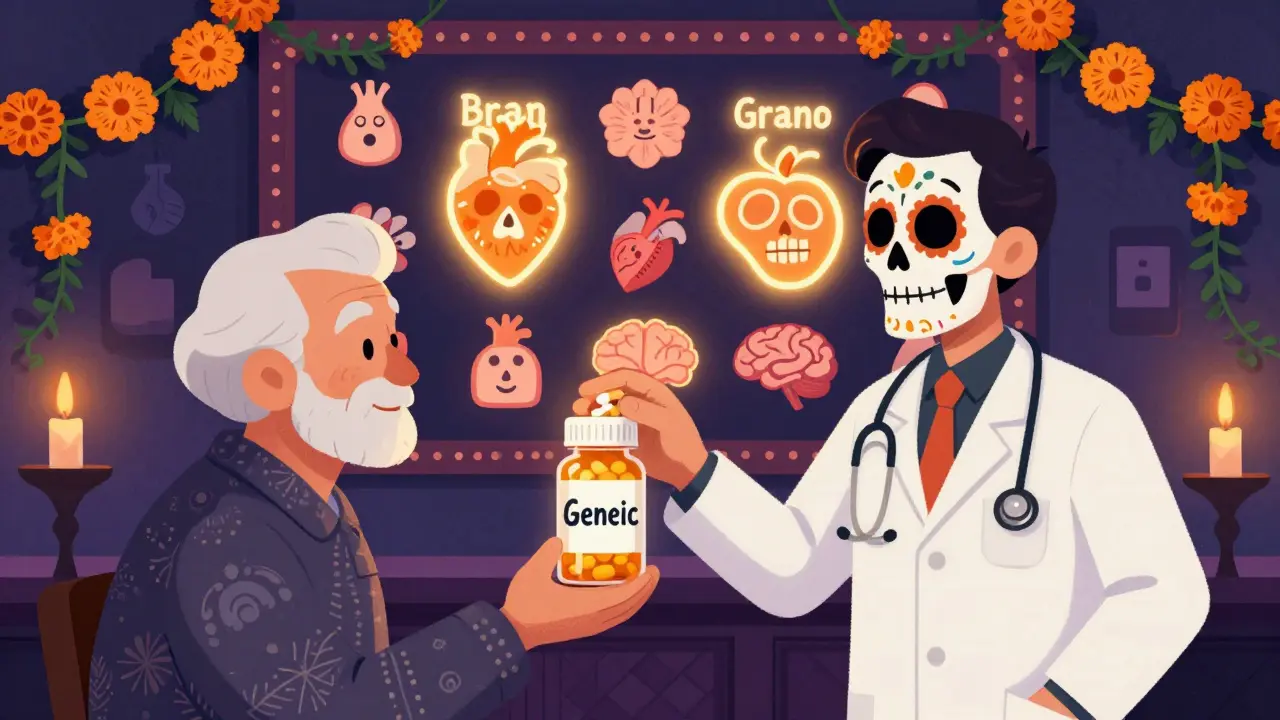 A pharmacist handing a generic pill bottle to an elderly patient, with a mural showing equal effectiveness of brand and generic drugs, decorated in Day of the Dead style.