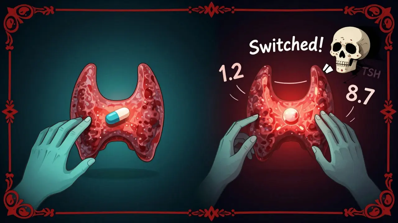 A thyroid gland glowing steadily under a branded pill versus flickering under a generic, with floating TSH numbers and ghostly hands, all in Day of the Dead artistic style.