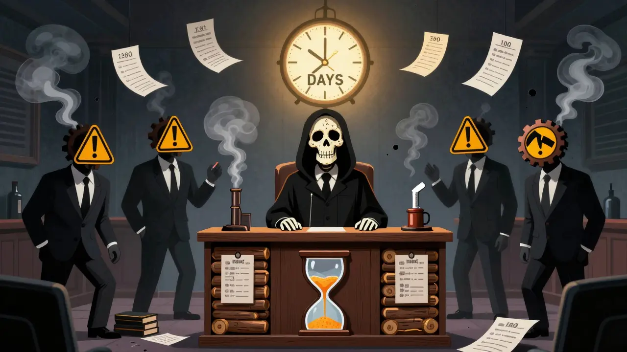A whistleblower stands before a judge made of inspection logs, while corporate shadows dissolve, with a clock marked '180 DAYS'.