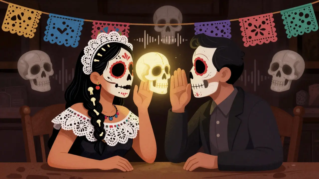 A woman with stapes bones in her hair, whispering calaveras floating around her, one glowing as sound.