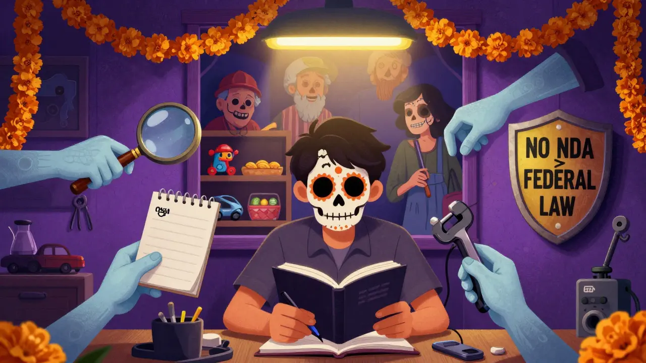 A worker documents issues as ghostly hands offer tools and shields, with safe products behind them under soft light.