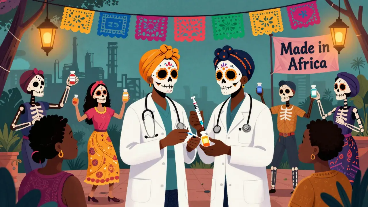 African healthcare workers distributing HIV injectables as skeletal dancers celebrate, with a factory skyline and 'Made in Africa' banner glowing.